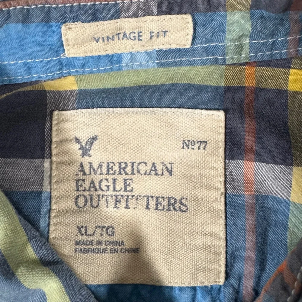American Eagle Plaid Shirt Mens XL Blue Vintage Fit Short Sleeve Button Down